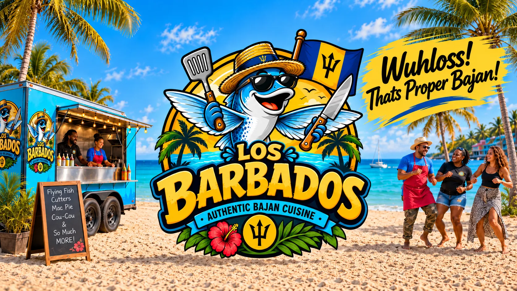 The Los Barbados trailer on a beach, staff serving at the window, with the flying-fish logo across the centre and the words Wuhloss! Thats Proper Bajan!